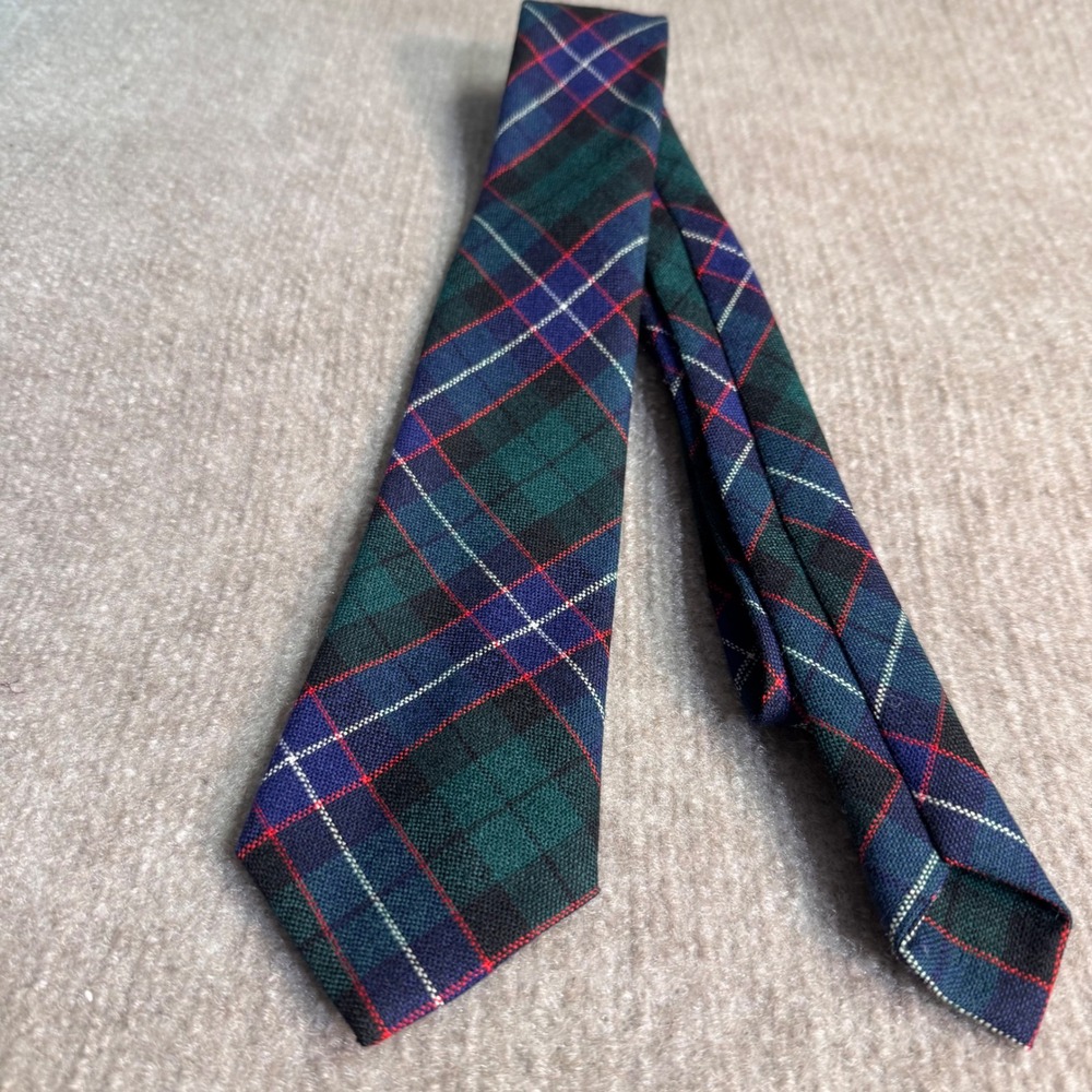 Vintage Hunter Necktie Mens OS Blue Green Plaid Wool Scotland Dark Academia